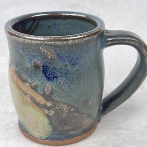 Handmade Studio Pottery Mug Signed KW Blue Green Earthy Glaze 4" Signed KW